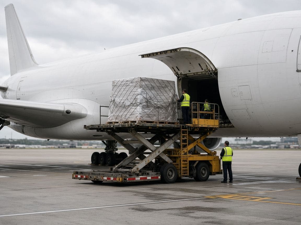 A cargo aircraft on the apron with its side door open and a high loader at the hold.