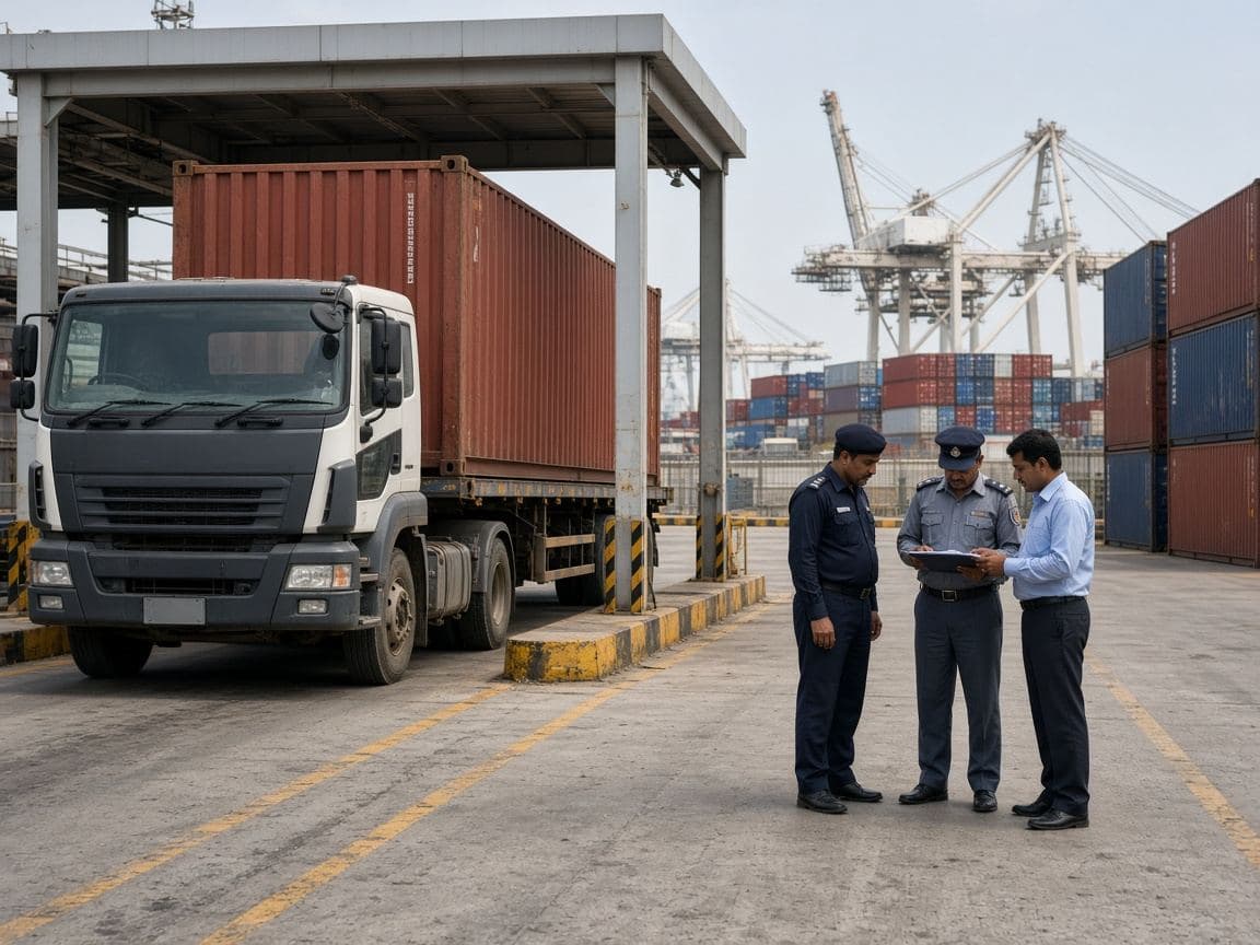 A truck stopped at a port gate while staff look over documents, containers stacked behind the barrier.