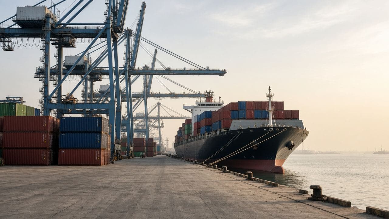 Gantry cranes working a container ship alongside a quay, with boxes stacked on the terminal.