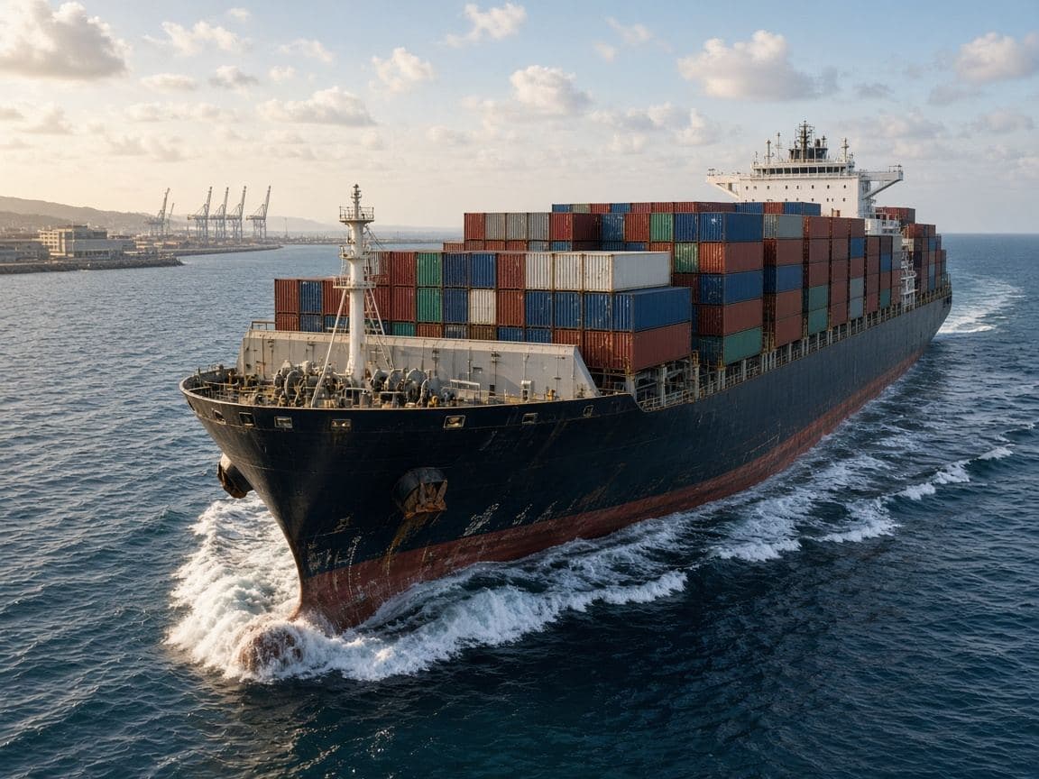 A container ship at sea, deck loaded with stacked boxes under a clear sky.
