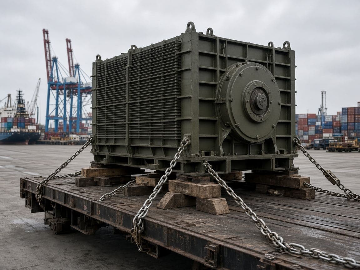 An oversized industrial unit lashed to a flat-rack trailer in a freight yard.
