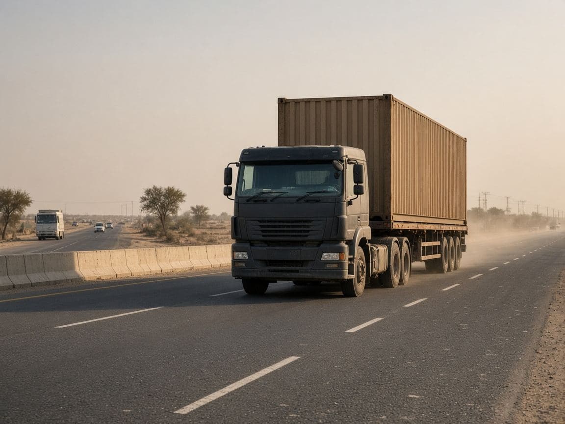 A container truck on a dry highway, the kind of inland leg that feeds a seaport.