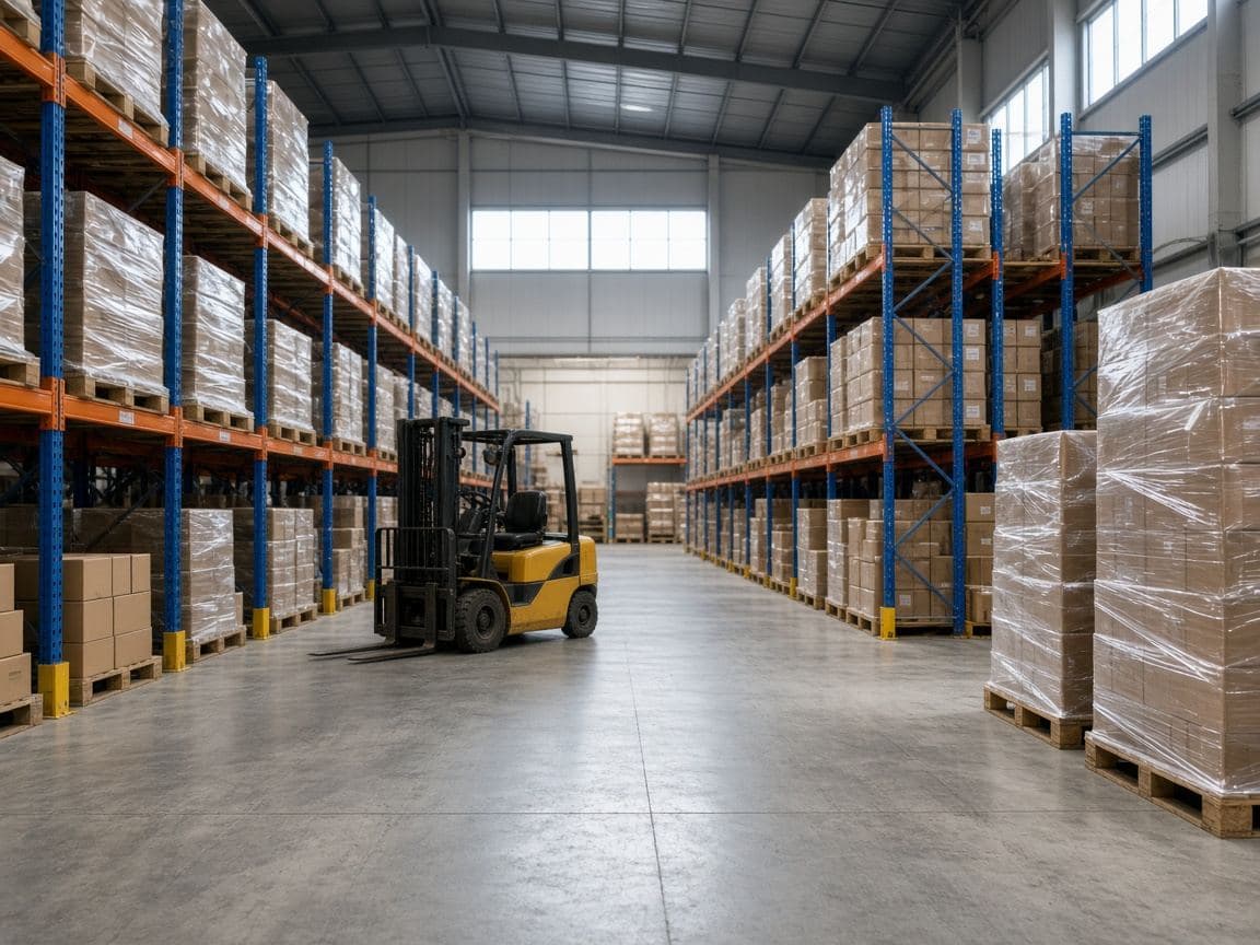 A warehouse aisle with pallet racking, stacked cartons, and a forklift.